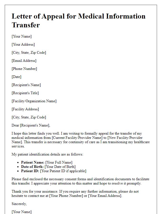 Letter template of appeal for medical information transfer