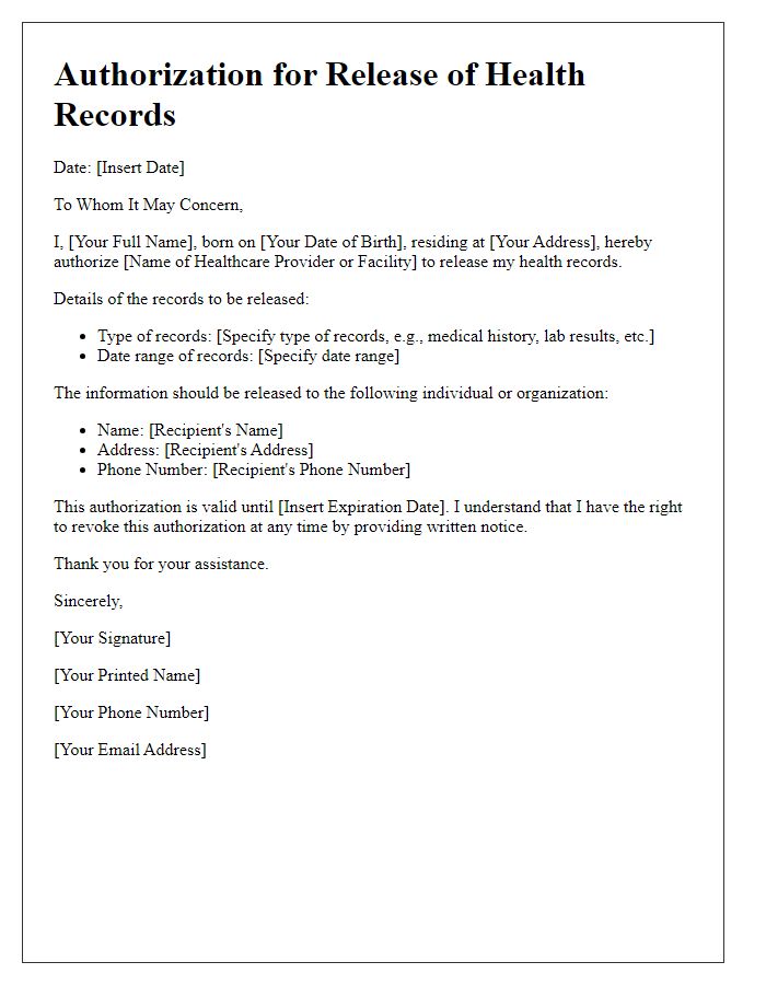 Letter template of authorization for release of health records