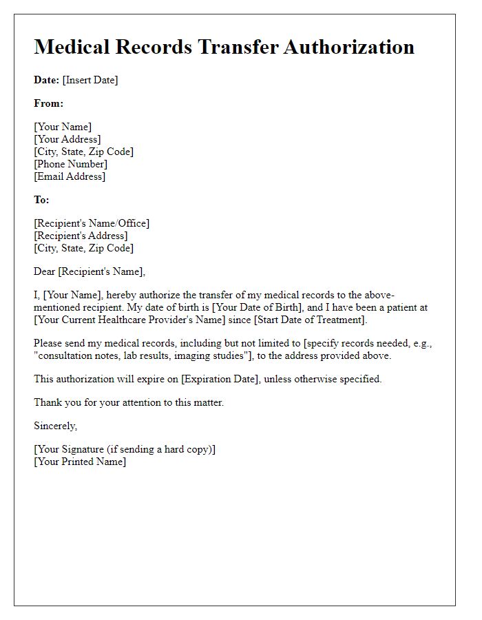 Letter template of medical records transfer authorization