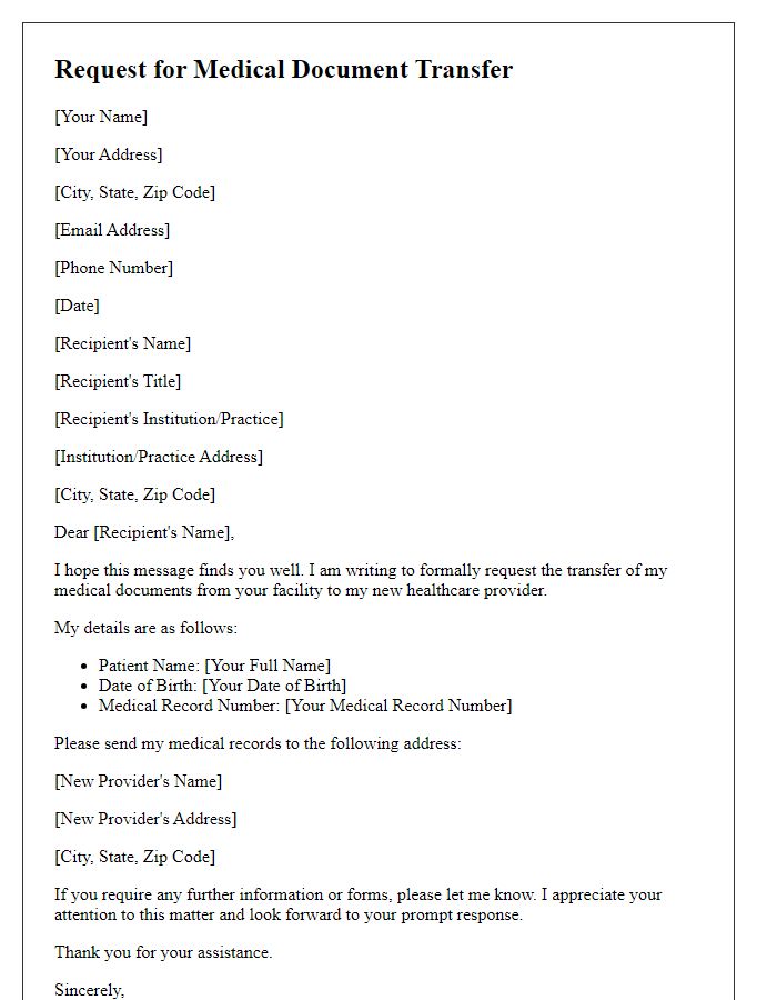 Letter template of request for medical document transfer