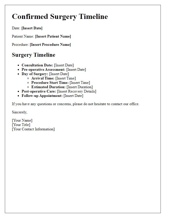 Letter template of confirmed surgery timeline.