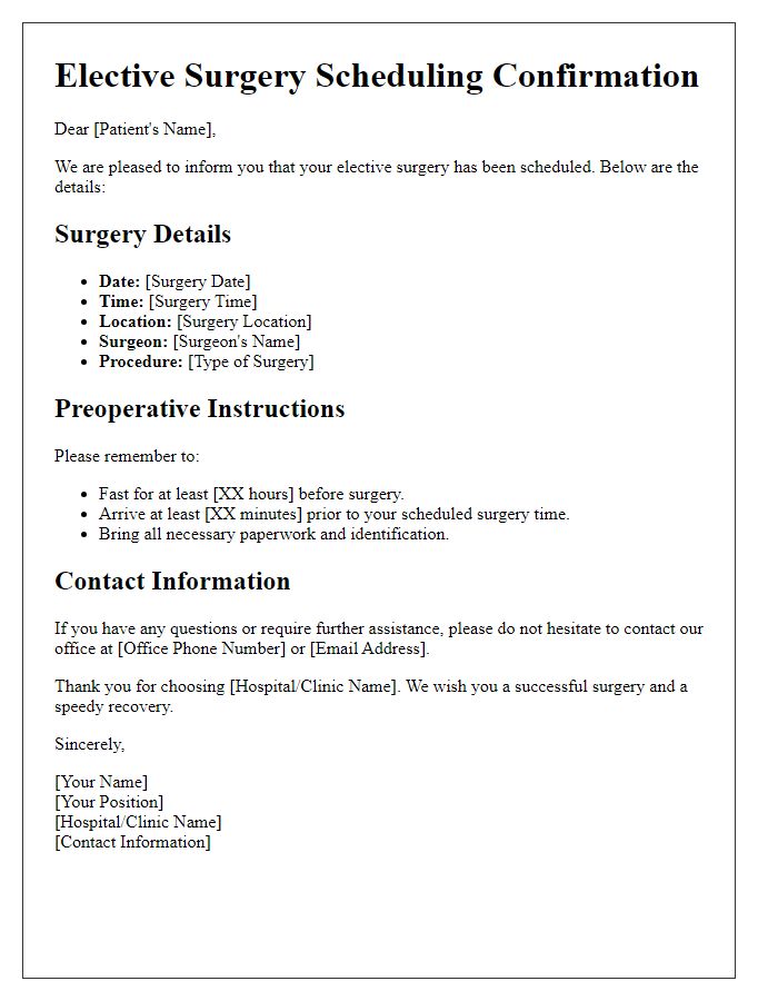 Letter template of elective surgery scheduling information.