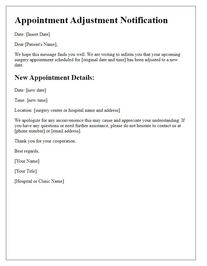 Letter template of surgery appointment adjustment.