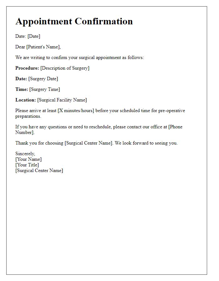 Letter template of surgical appointment confirmation.