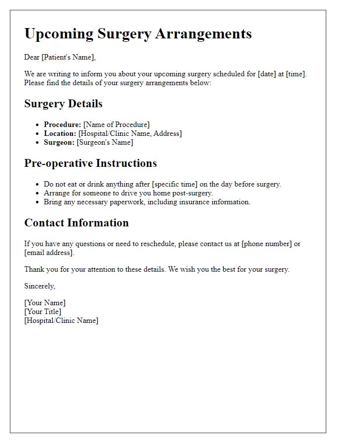 Letter template of upcoming surgery arrangements.