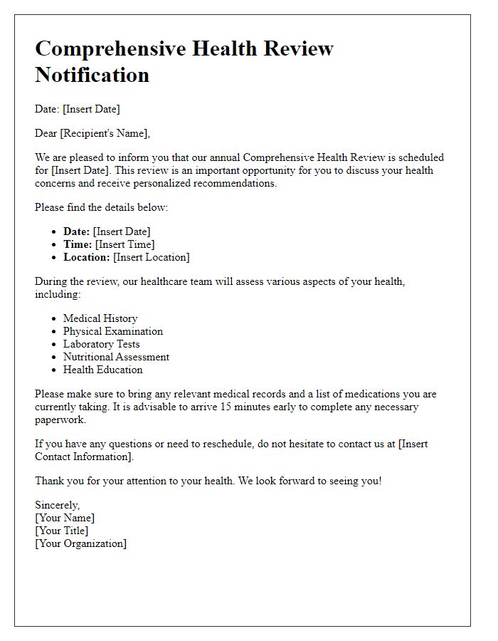 Letter template of Comprehensive Health Review Notification