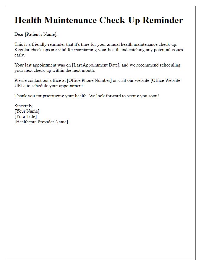 Letter template of Health Maintenance Check-Up Reminder