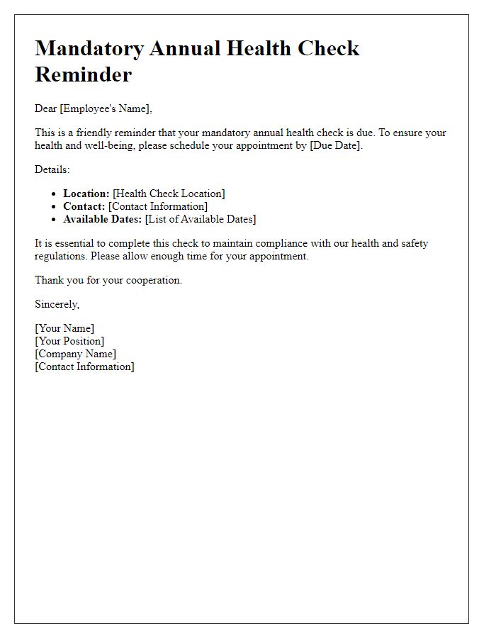 Letter template of Mandatory Annual Health Check Reminder