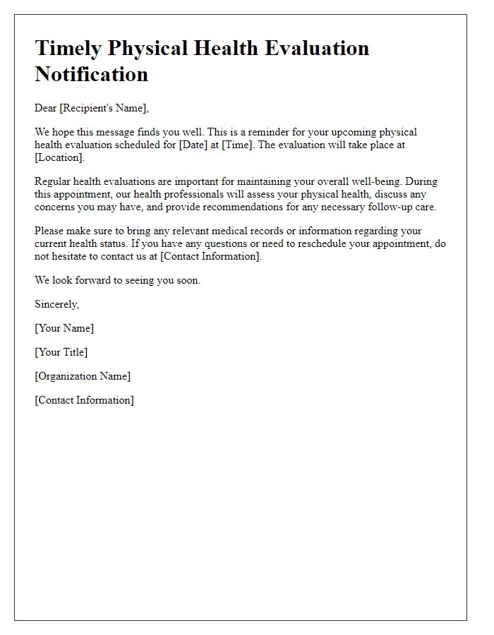 Letter template of Timely Physical Health Evaluation Notification