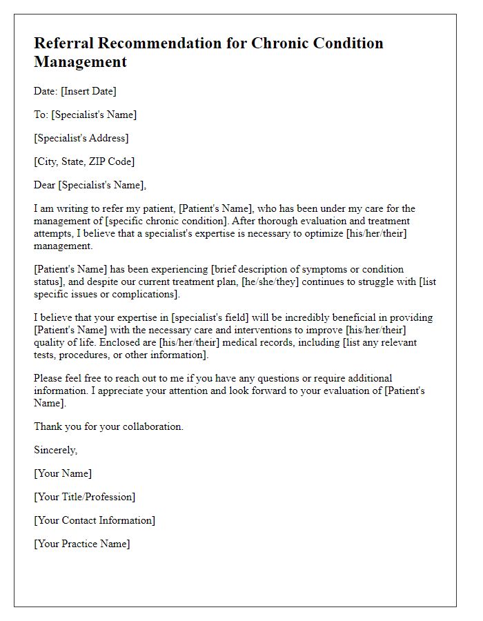 Letter template of specialist referral recommendation for chronic condition management.