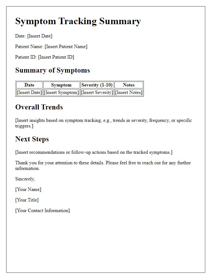 Letter template of symptom tracking summary for ongoing chronic illness.