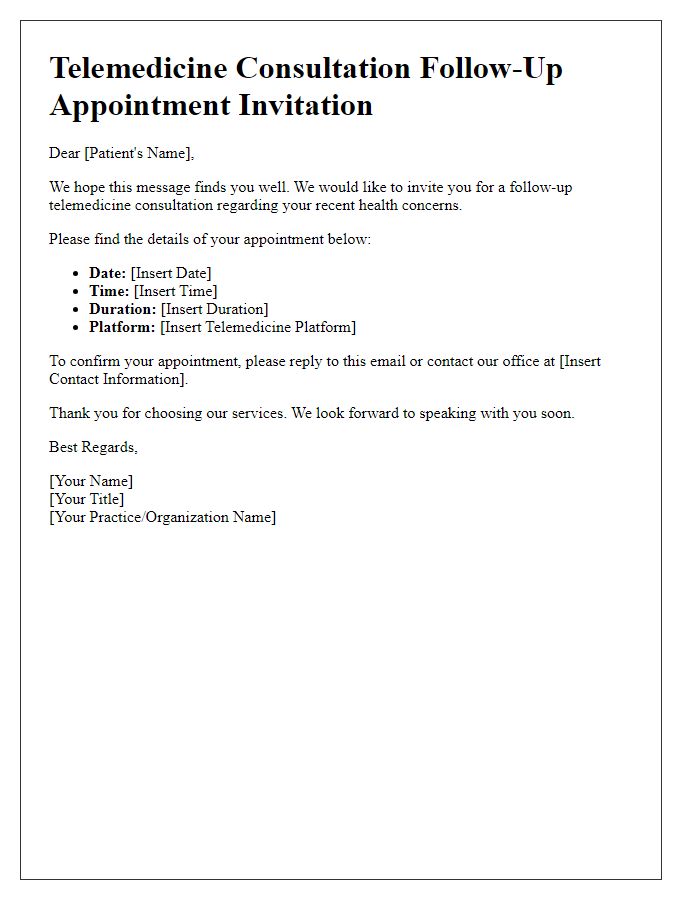 Letter template of telemedicine consultation invitation for follow-up appointments