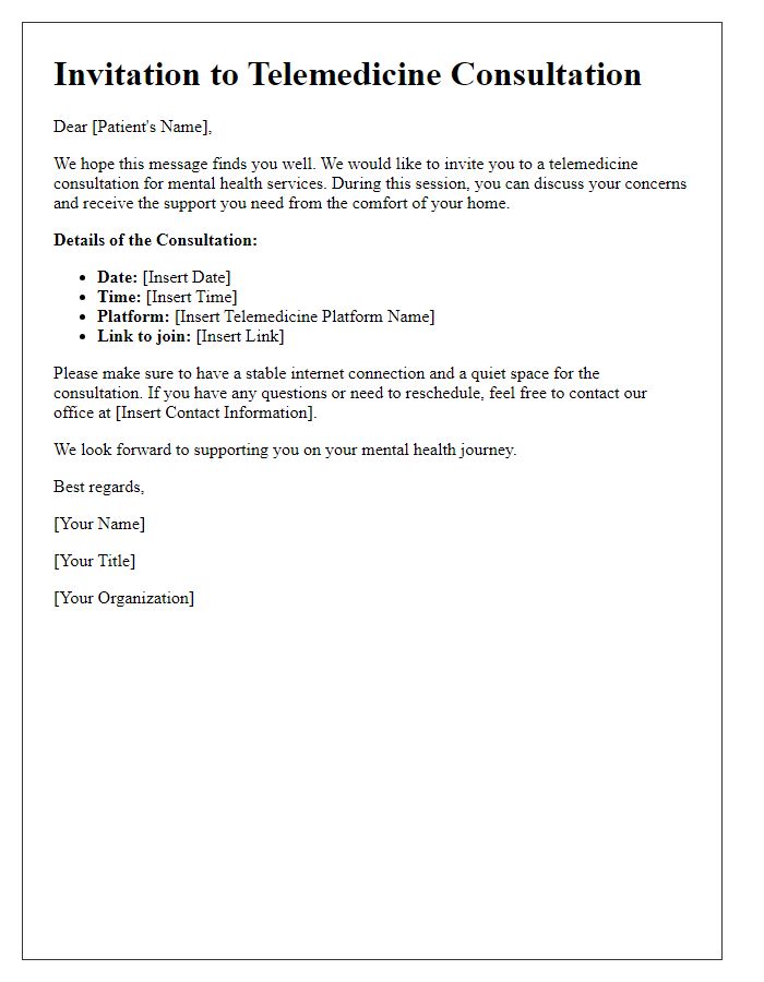 Letter template of telemedicine consultation invitation for mental health services