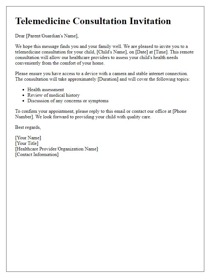 Letter template of telemedicine consultation invitation for pediatric patients