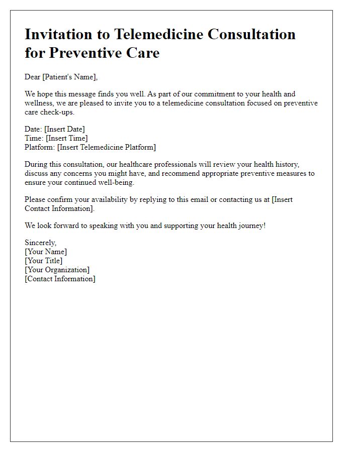 Letter template of telemedicine consultation invitation for preventive care check-ups