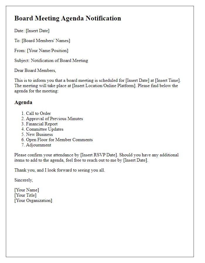 Letter template of board meeting agenda notification