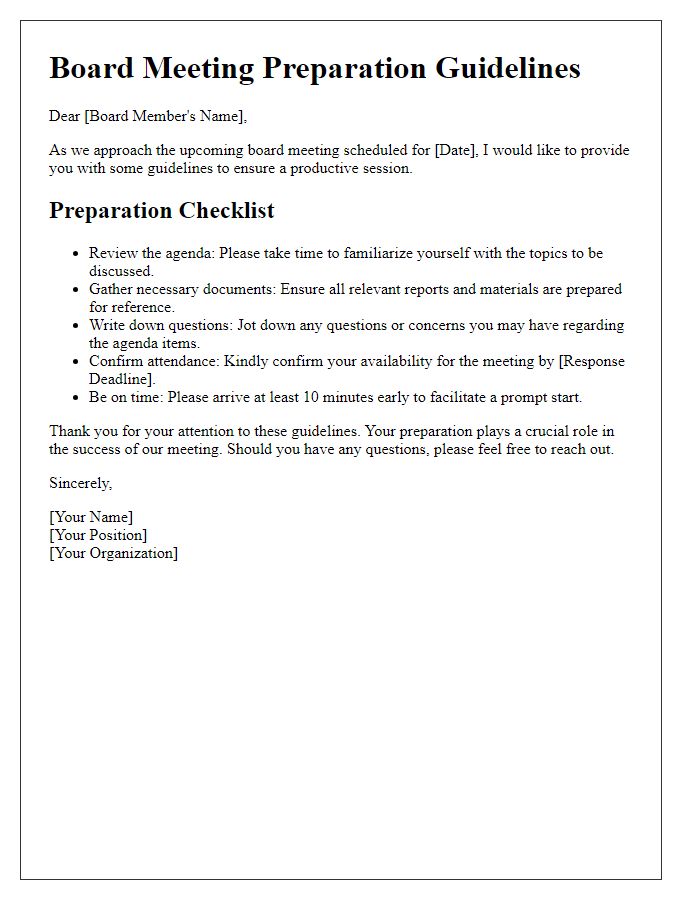 Letter template of board meeting preparation guidelines