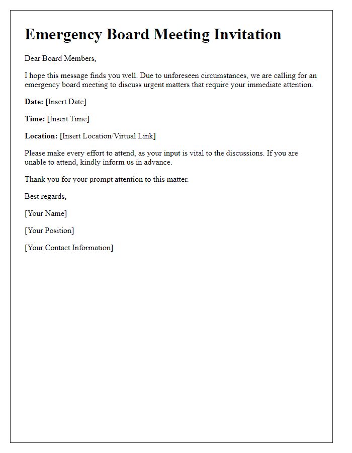 Letter template of emergency board meeting invitation