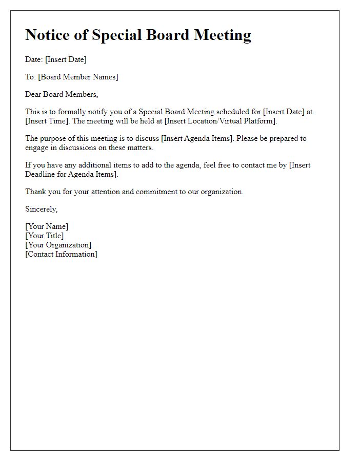 Letter template of special board meeting call