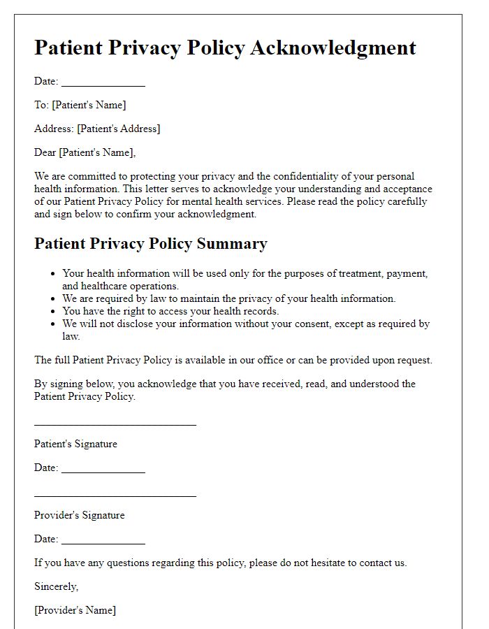 Letter template of patient privacy policy acknowledgment for mental health services