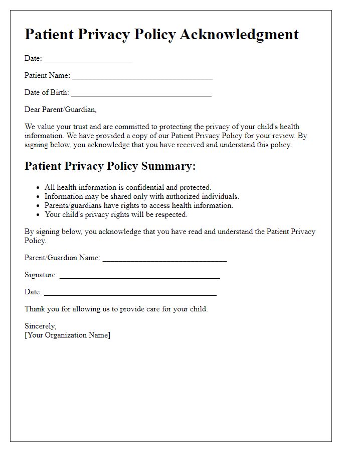 Letter template of patient privacy policy acknowledgment for minors