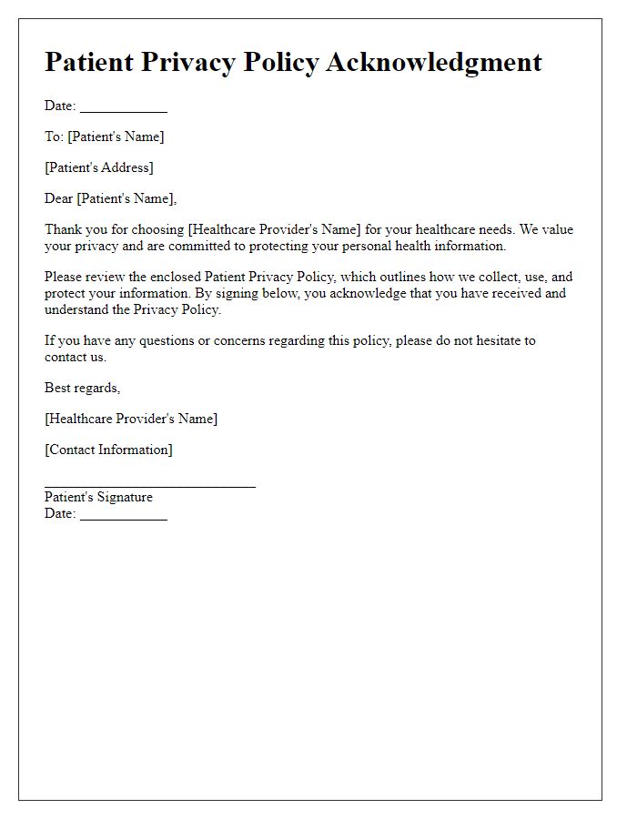 Letter template of patient privacy policy acknowledgment for new patients