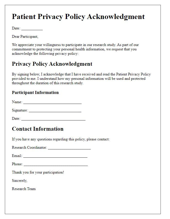 Letter template of patient privacy policy acknowledgment for research participants