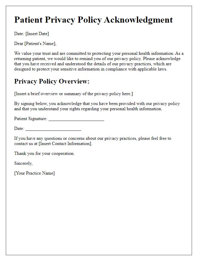 Letter template of patient privacy policy acknowledgment for returning patients