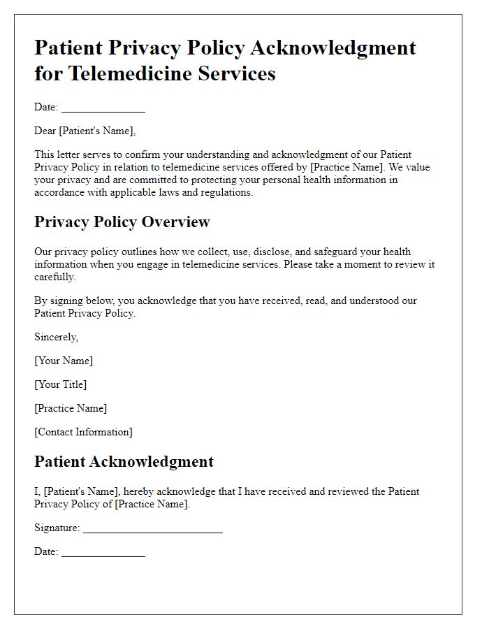 Letter template of patient privacy policy acknowledgment for telemedicine services