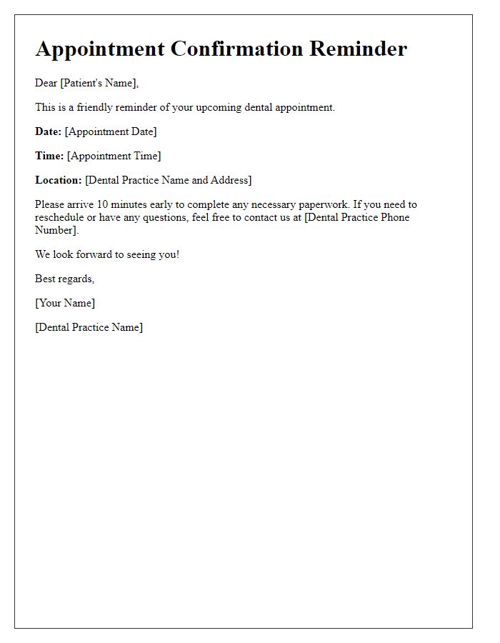 Letter template of dental appointment confirmation reminder