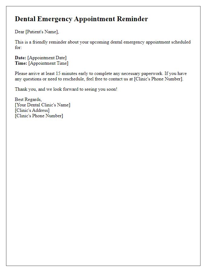 Letter template of dental emergency appointment reminder