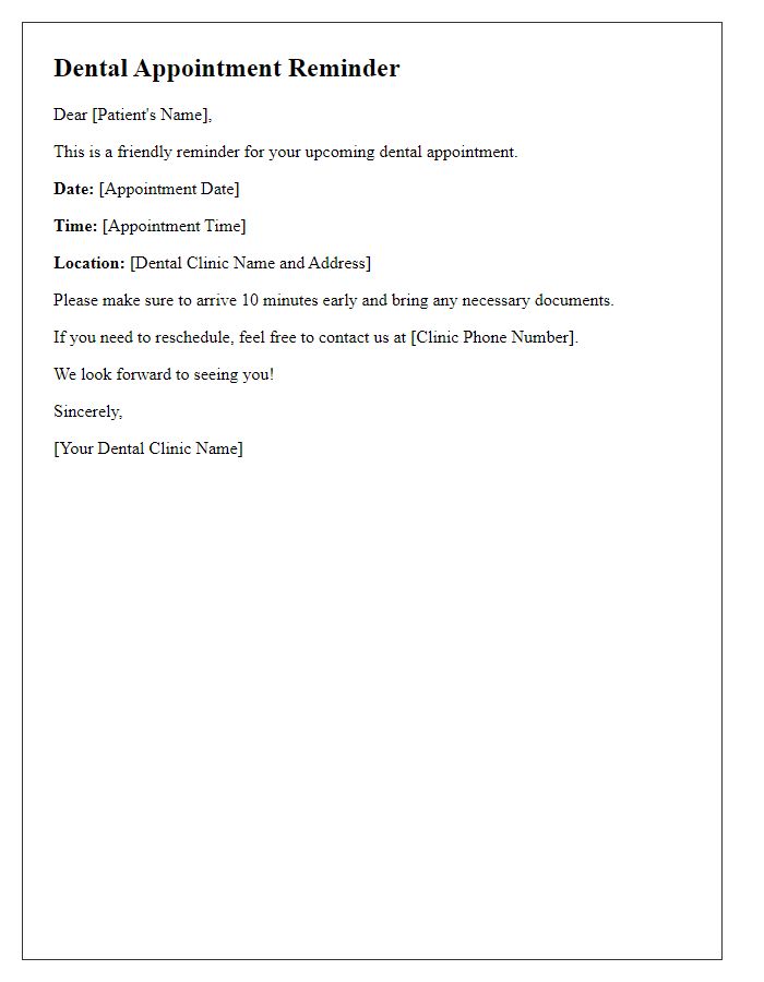 Letter template of dental visit schedule reminder