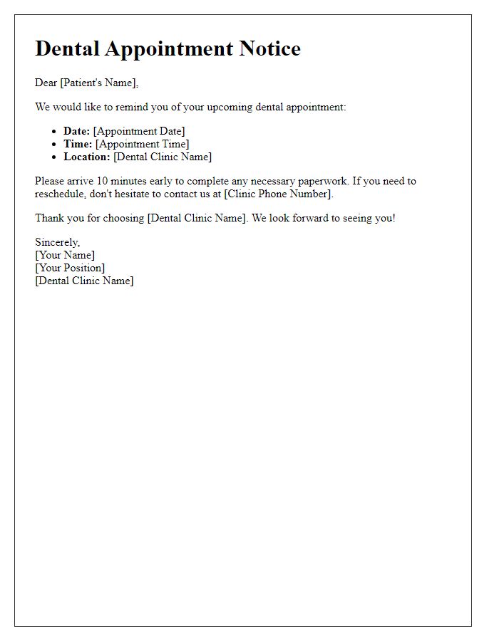 Letter template of upcoming dental appointment notice