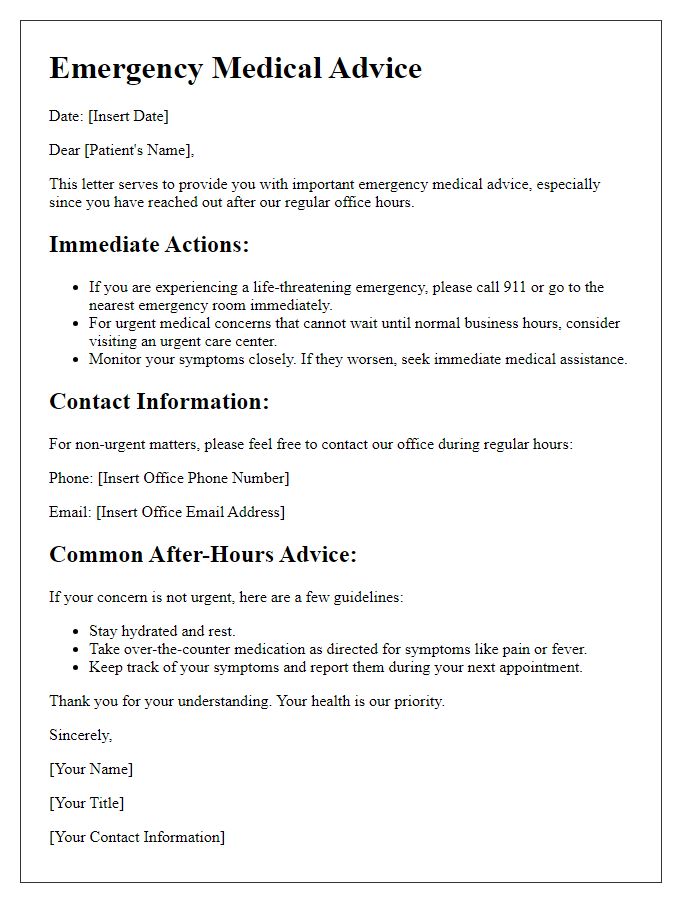 Letter template of emergency medical advice after hours