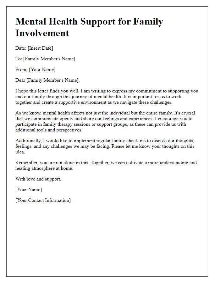 Letter template of mental health support for family involvement.