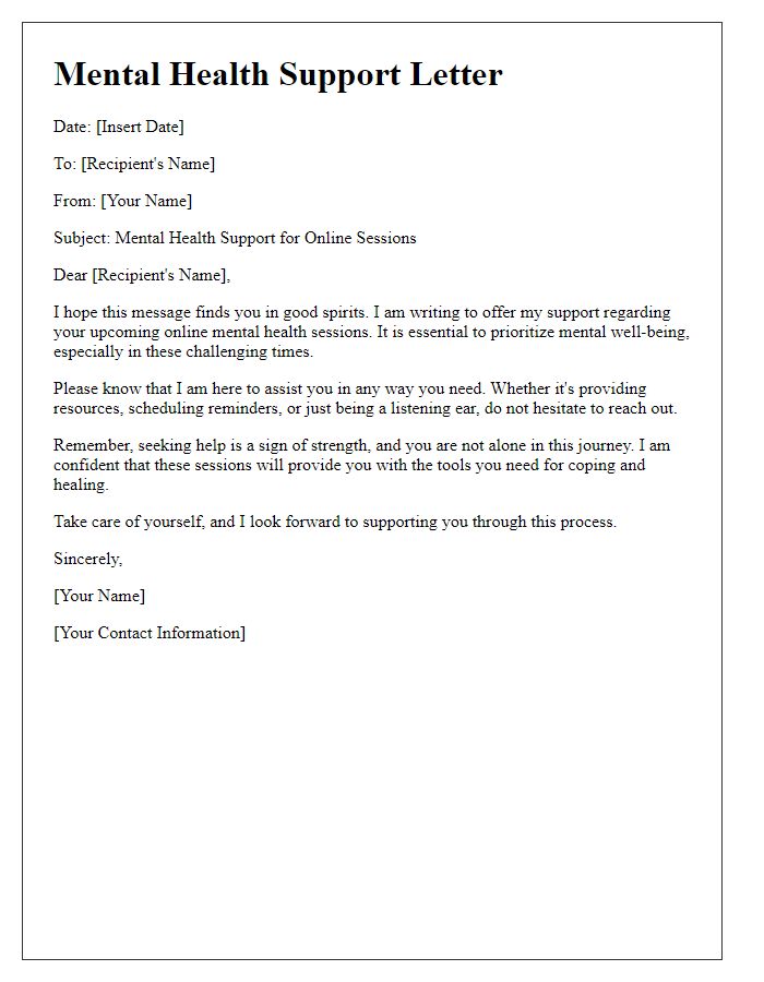 Letter template of mental health support for online sessions.