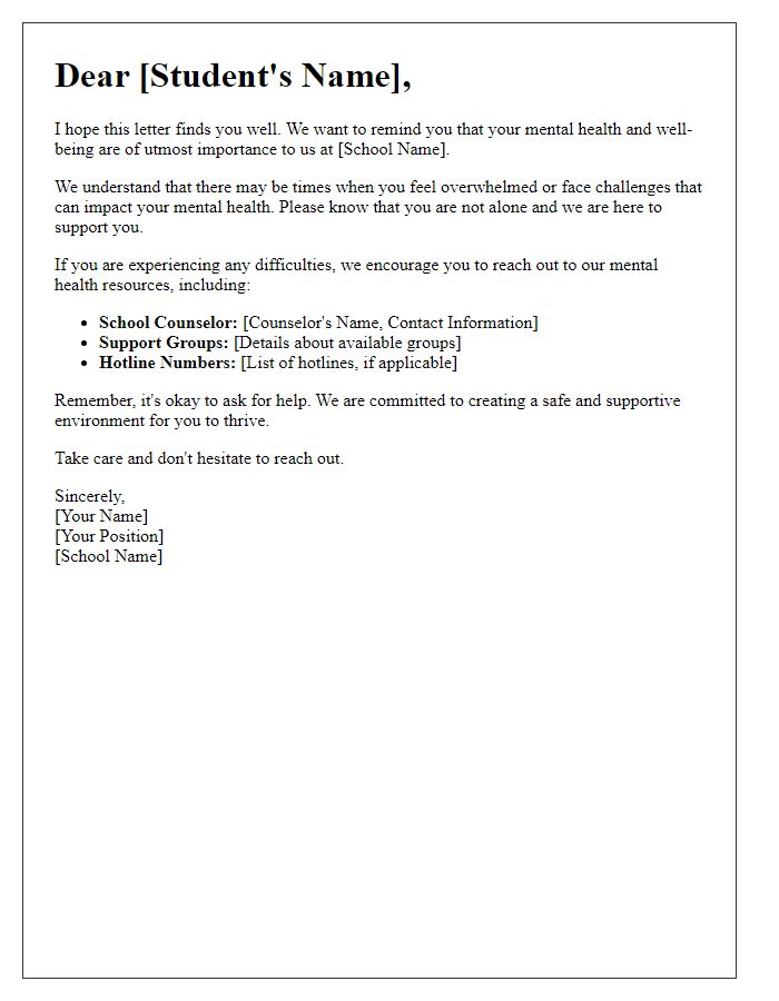 Letter template of mental health support for school settings.