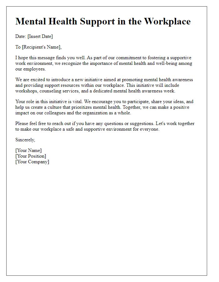 Letter template of mental health support for workplace initiatives.