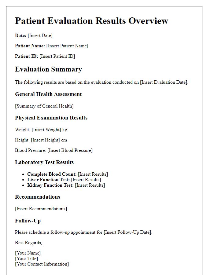 Letter template of patient evaluation results overview