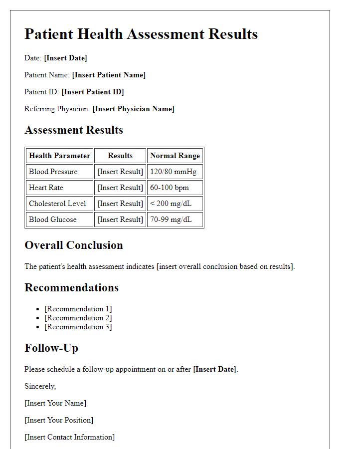 Letter template of patient health assessment results