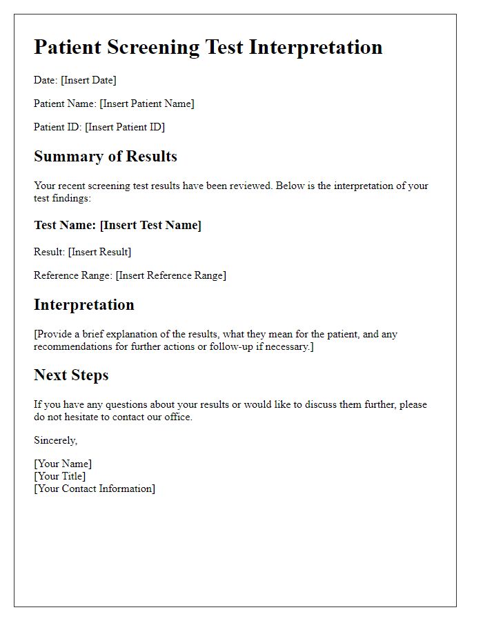 Letter template of patient screening test interpretation