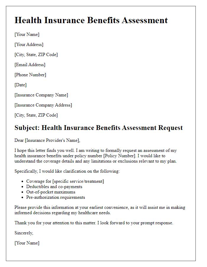 Letter template of health insurance benefits assessment.