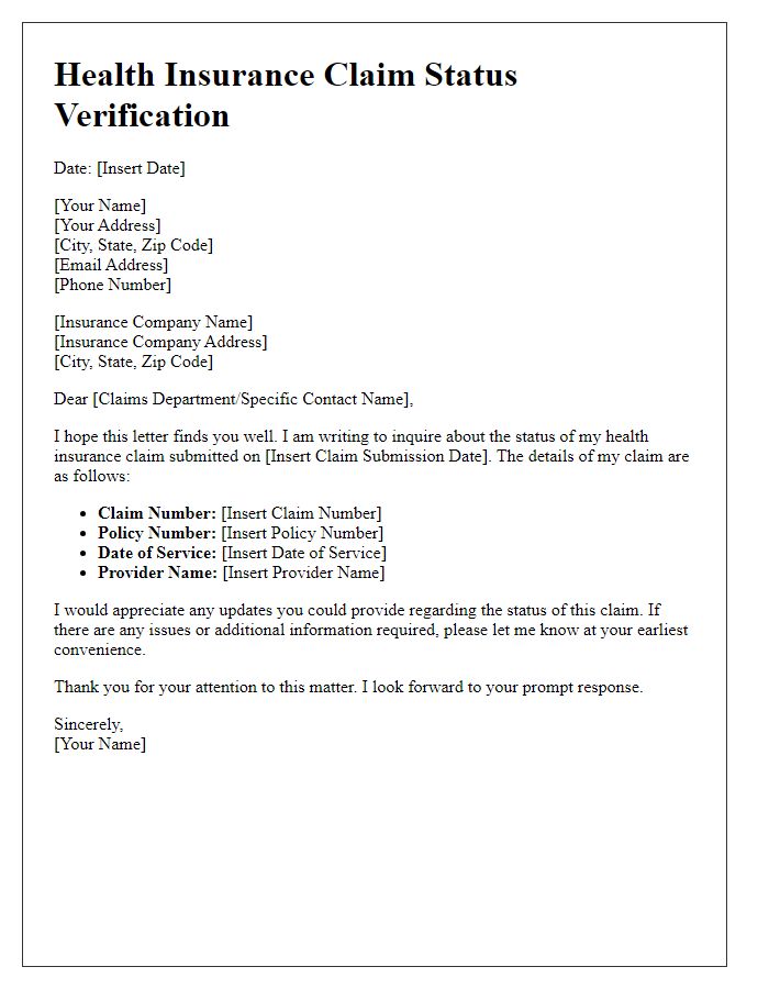 Letter template of health insurance claim status verification.