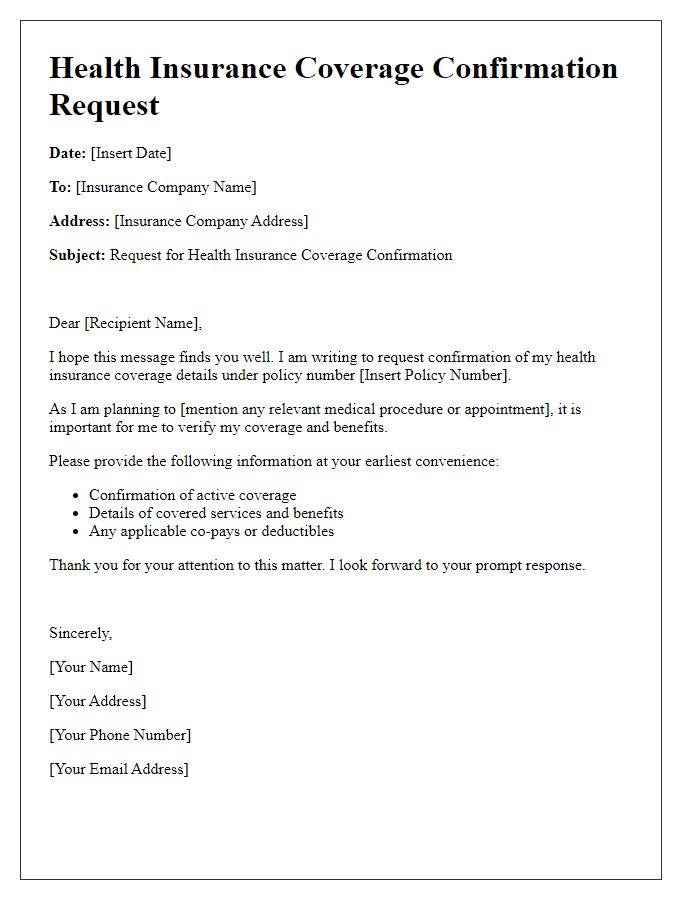 Letter template of health insurance coverage confirmation request.