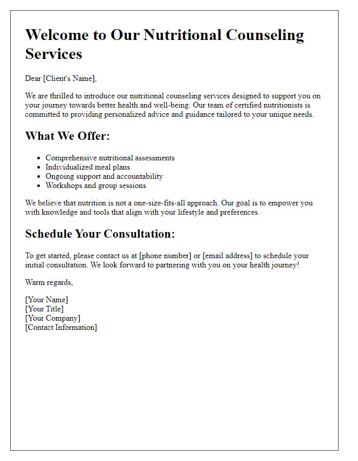 Letter template of introductory nutritional counseling services