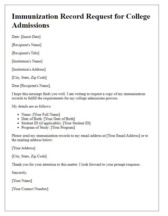 Letter template of Immunization Record Request for College Admissions