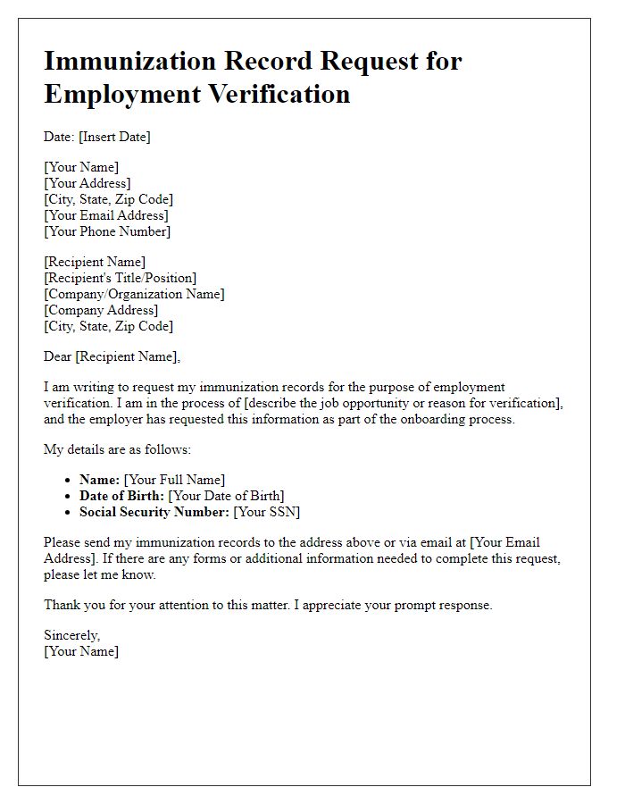 Letter template of Immunization Record Request for Employment Verification