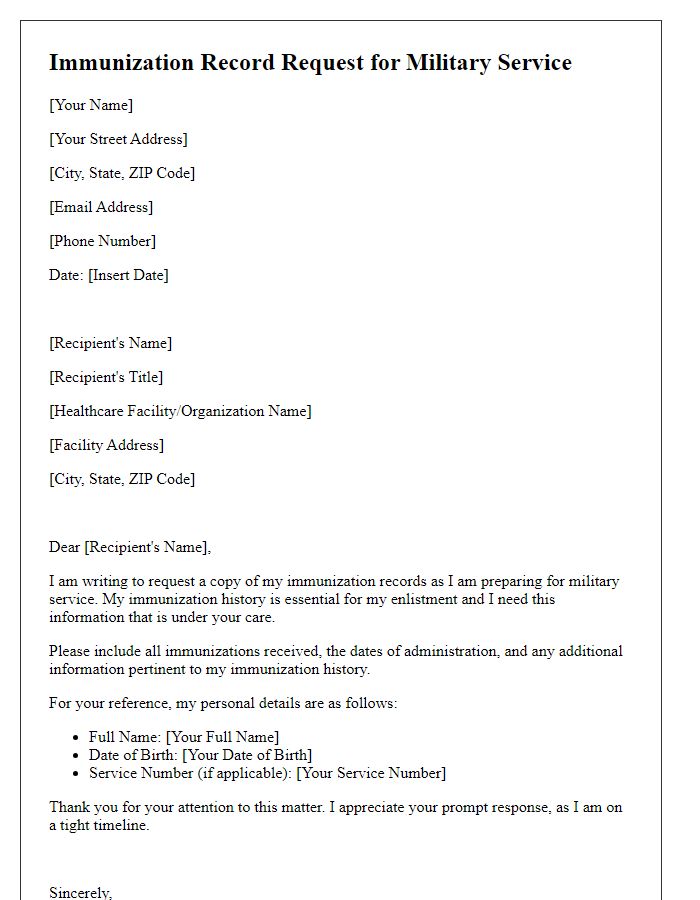 Letter template of Immunization Record Request for Military Service