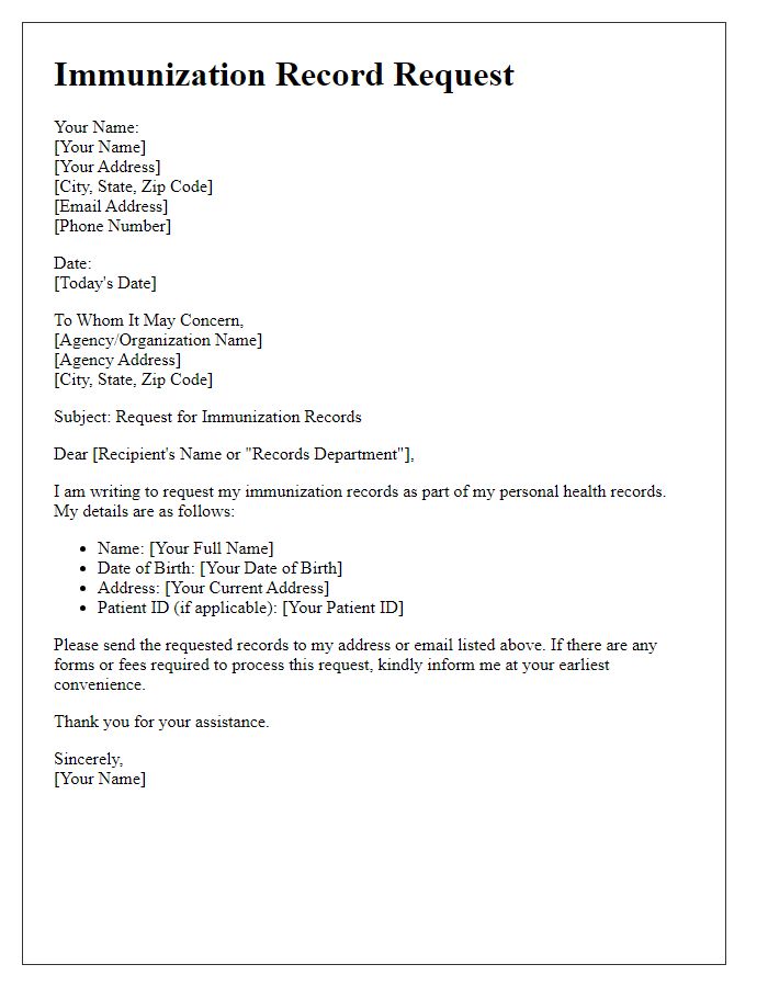 Letter template of Immunization Record Request for Personal Health Records