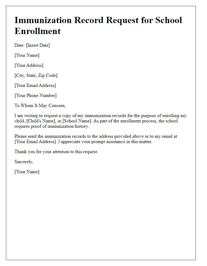 Letter template of Immunization Record Request for School Enrollment